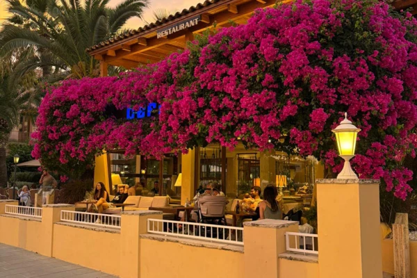 Restaurant Ceferino tussen felroze bougainvillea bij zonsondergang